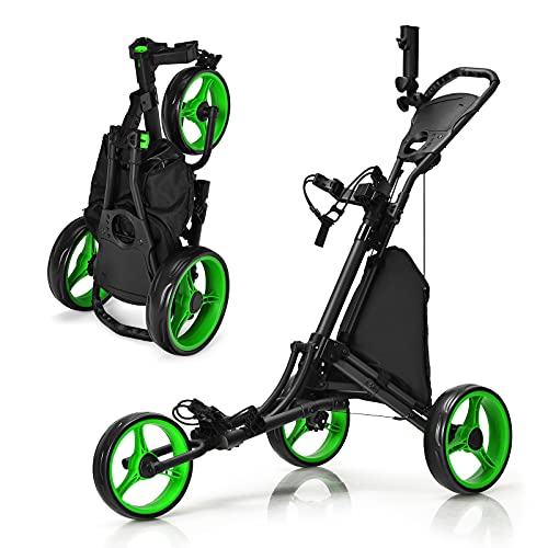 GYMAX Golf Push Cart, 3 Wheels Aluminum Folding Height Adjustable Golf Push Trolley with Umbrella Holder & Waterproof Bag, Portable Lightweight Quick Open Fold Golf Cart (Green)