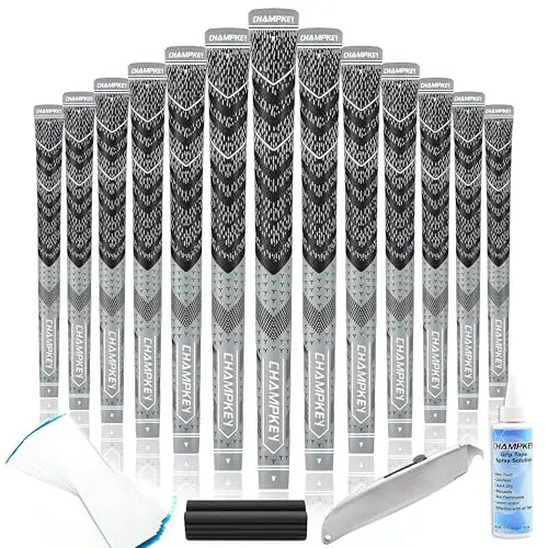 CHAMPKEY Half Cord Golf Grips 13 Pack with Golf Grip Kit - All Weather Performance Golf Club Grips - High Traction and Feedback Golf Grips for Men(Gray,Oversize)