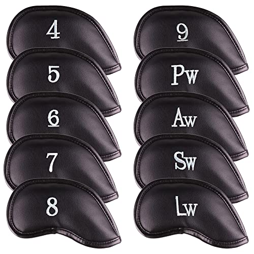 Premium Magnetic Leather Iron and Wedge Golf Club Head Covers | Set of 10 | Fits Most Clubs | Embroidered Club Label on Both Sides of Club Head Cover