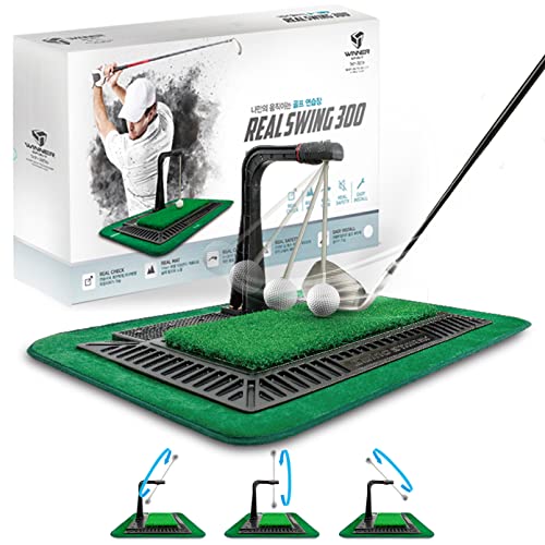 WINNER SPIRIT Real Swing 300 Golf Swing & Hitting Trainer, True Impact, Checking Path After Swing Practice Mat Groover Training Aid, Height Adjustable (All Set)