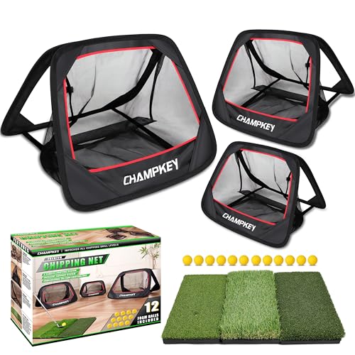 CHAMPKEY Golf Chipping Net with Chipping Mat and 12 Foam Golf Balls - Professional Golf Practice Net - Improve Short Game and Skills Golf Net