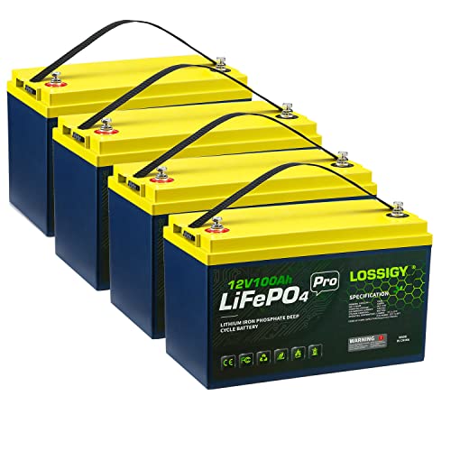 LOSSIGY 4Packs 12V100Ah Lifepo4 Lithium Battery, 1280WH with 100A BMS, Perfect Replace for Golf cart, Trolling Motor, Marine, Backup, RV, Solar, Off-Grid