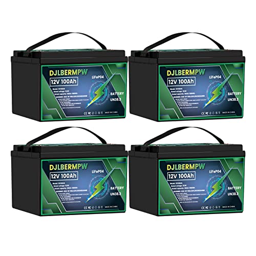 DJLBERMPW 4 Pack 12V 100Ah LiFePO4 Battery Built-in 100A BMS Lithium Battery 5120Wh 12V Lithium Batteries Up to 15000+ Cycles, Replacement Batteries for Trolling Motor,RV, Camping,Solar Home,Golf Cart