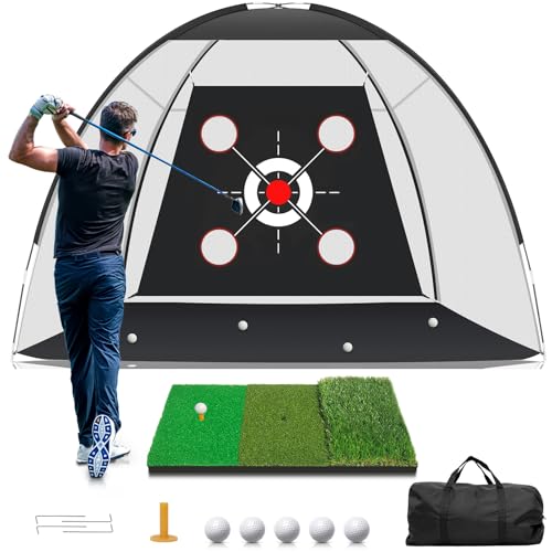 Golf Net with Practice Mat,Golf Hitting Aid Nets 10x7FT for Backyard Driving Chipping Training Swing with Target Mat Balls for Outdoor Indoor，Gifts for Men Dad Him and Golfer