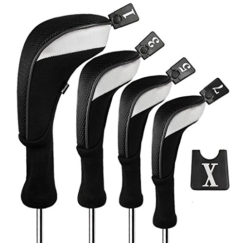 Andux 4pcs/Set Golf 460cc Driver Wood Club Head Covers Long Neck with Interchangeable No. Tags Black