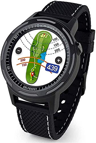 GOLFBUDDY Aim W10 GPS Watch, Advanced Smart Golf Watch, Full-Color Touch Screen, 40,000 Preloaded courses, Red/White/Blue & Black Wristband