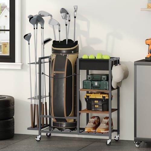 MAHANCRIS Golf Storage Organizer for Garage, Golf Bag Stand for Single Golf Bag and Equipment Accessories, Freestanding Golf Club Holder for Garage, Shed, Home, Basement, Rustic Brown BEHR17401