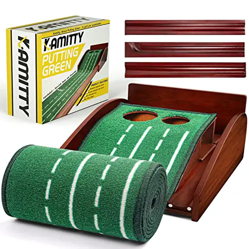 Kamitty Putting Matt for Indoors, Wooden Putting Green with Automatic Ball Return, 8ft Velvet Crystal Mat, Golf Gifts Golf Accessories for Men
