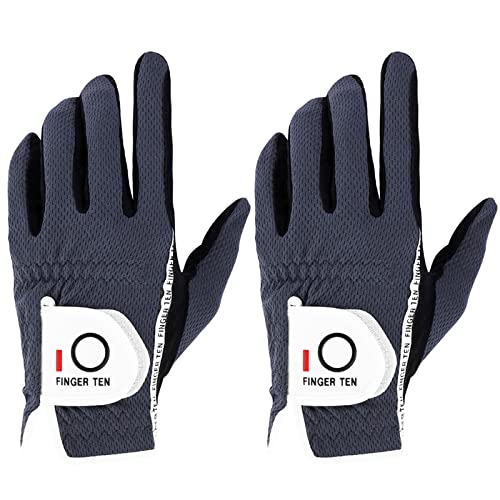 FINGER TEN Men's Golf Gloves for Right Left Handed Golfer Rain Grip Value 2 Pack, Golf Glove for Left or Right Hand Hot Wet Weather No Sweat Black Gray White Blue (Gray, Large-Worn on Left Hand)