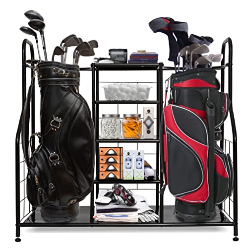 Morvat Golf Organizer Extra Large Double Metal Black Stand Perfect Way to Store & Organize Your Golfing Bags, Clubs, Balls, Gadgets, Accessories & Equipment in Shed, Basement, and Garage