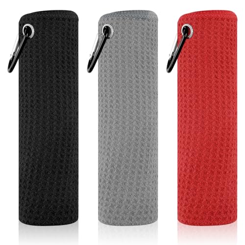 PEASUG 3 Pack Golf Towels (16' x 16'), Absorbent Waffle Pattern Golf Towel for Golf Bag, Tri-Fold Portable Microfiber Golf Towels for Men & Women with Carabiner Clip, Gray/Red/Black