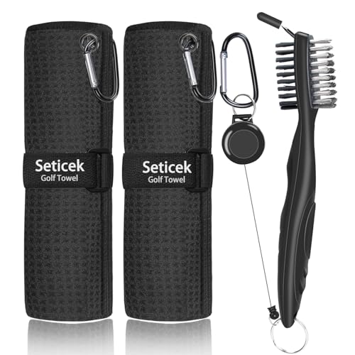 Seticek 2 Pack Golf Towel (16' X 16') with Golf Club Brush, Microfiber Waffle Pattern Golf Towels for Golf Bags for Men,Essential Golf Combo Cleaning Kit (Black)