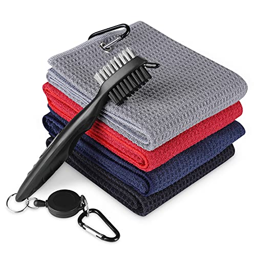 Zacro Golf Towels Set - Pack of 4 Microfiber Waffle Pattern Golf Towels with Clip, 1 Golf Club Brush with Retractable Zip-line Aluminum Carabiner for Golfers