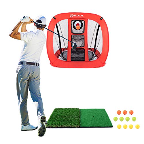 Relilac Pop Up Golf Chipping Net - Indoor/Outdoor Golfing Target Accessories for Backyard Accuracy and Swing Practice - Great Gifts for Men, Dad, Husband, Women, Kid, Golfers (Net + Mat + 12Balls)