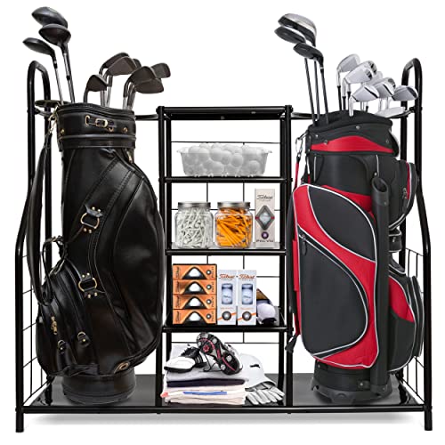 Morvat Golf Organizer Extra Large Dual Metal Black Stand Perfect Way to Store & Organize Your Golfing Bags, Clubs, Balls, Gadgets, Accessories & Equipment in Shed, Basement, and Garage