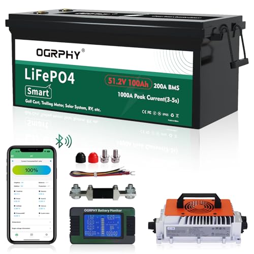 OGRPHY 48 Volt Lithium Battery for Golf Cart with 18A Charger, 48V Lithium Battery with 200A BMS, LCD & Mobile Monitor, 5.12kWh 48V Battery with 10.24kW Output, 1000A Peak Current for Golf Cart