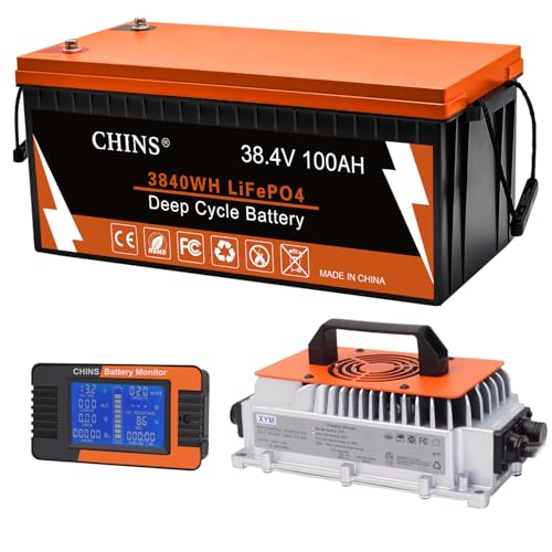 CHINS 36V Lithium Golf Cart Battery, 36 Volt 100Ah LiFePO4 Battery, Built-in Bluetooth 200A BMS, Includes 36V 25A Lithium Battery Charger, Perfect for Golf Carts, Trolling Motors, Marine