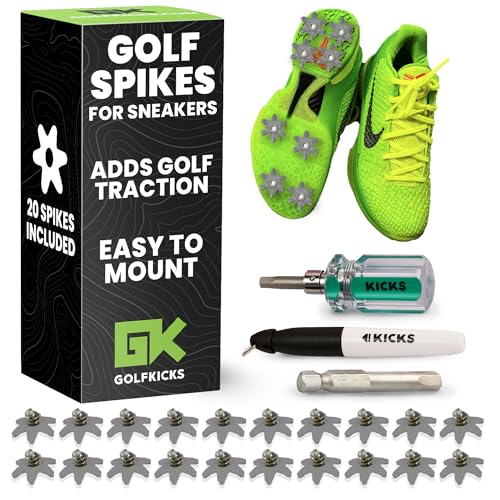 Golfkicks DIY Golf Shoe Spike Kit – Transform Your Sneakers into Golf Shoes – Fun Gift, Easy Project – Cleats Compatible with Flat Rubber Sole Shoes – Includes 20 Spikes and mounting Tools