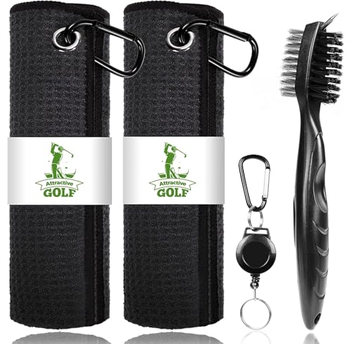 ATTRACTIVE Golf Towels, Microfiber Waffle Pattern Towels - Golf Club Brush with Cleaning (2 Black Towel+Black Brush)