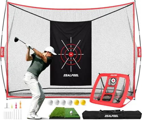 ZEALFEEL Golf Net, 10x7ft Practice Net with Chipping Net, Foldable Mat, Silk Target, 8 Tees, 6 Balls, Carry Bag, Golf Hiting Nets for Backyard Driving Chipping Indoor Outdoor Use