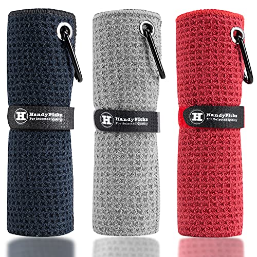 Handy Picks Microfiber Golf Towel (16' X 16') with Carabiner Clip, Waffle Pattern Hook and Loop Fastener - The Convenient Golf Cleaning Towel Black/Grey/Red