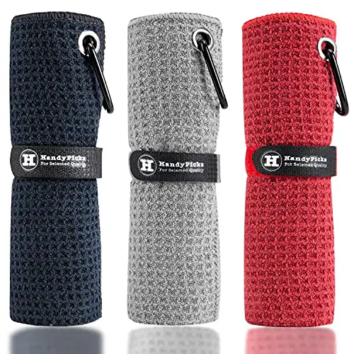 Handy Picks Microfiber Golf Towel (16' X 16') with Carabiner Clip, Waffle Pattern Hook and Loop Fastener - The Convenient Golf Cleaning Towel Black/Grey/Red