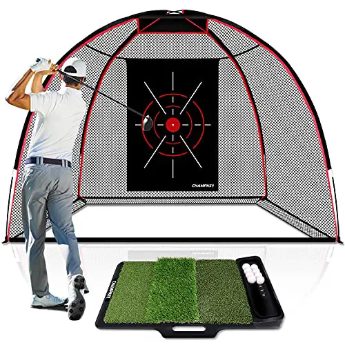 CHAMPKEY Premium 10' x 7' Golf Hitting Net with Golf Hitting Mat| 5 Ply-Knotless Netting with Impact Target Golf Practice Net Ideal for Indoor and Outdoor Training