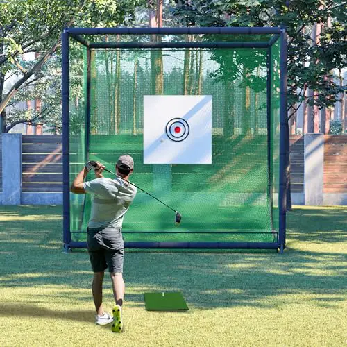 10x10x10FT Golf Practice Net Cage, Metal Frame Hitting Net Kit for Backyard, Golf Batting Cage & Training Simulator for Home, Heavy Duty Black Iron Frame