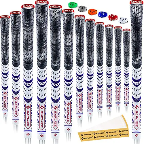 SAPLIZE Cross Corded Golf Grips 13 Pack, Low Taper Design, Multi-Compound Hybrid Golf Club Grips, 13 Grips with 15 Tapes, Standard Size, White, CL03 Series